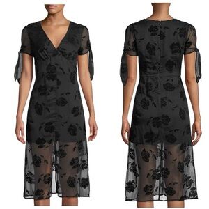 J.O.A. Los Angeles Black Velvet Midi Floral V Neck Dress Tie Sleeves Sz. 4 NWT